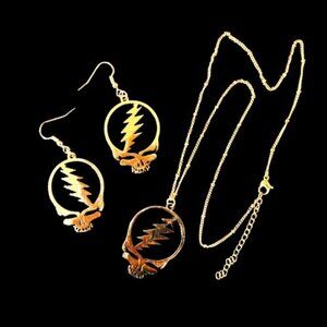 Grateful Dead Gold Plated Stainless Steel Necklace & Earring Set Steal Your Face